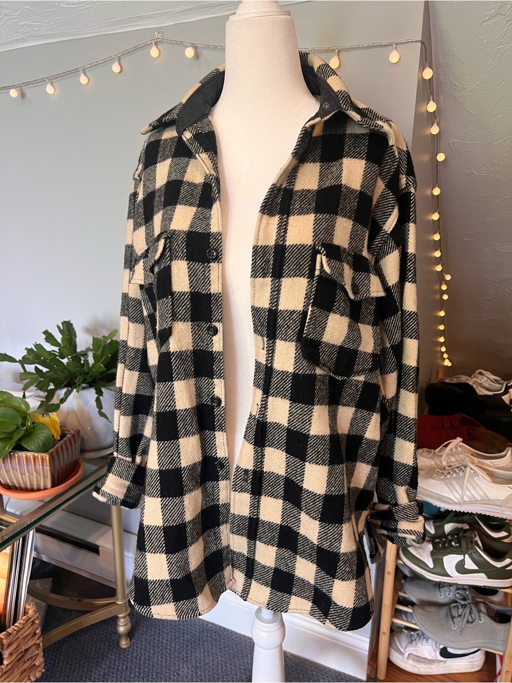 Vintage LL Bean Black & Cream Plaid Shacket Jacket